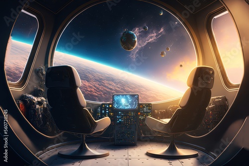 Fototapeta Naklejka Na Ścianę i Meble -  illustration of spacecraft control room center, big window show celestial space celestial view with planet, meteor, and light glow