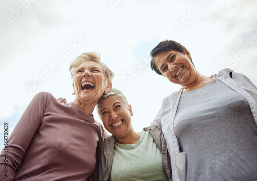 Senior women, outdoor exercise and laughing for fitness, workout and support on mockup sky background. Low angle, elderly female group and sports friends excited for community wellness and freedom