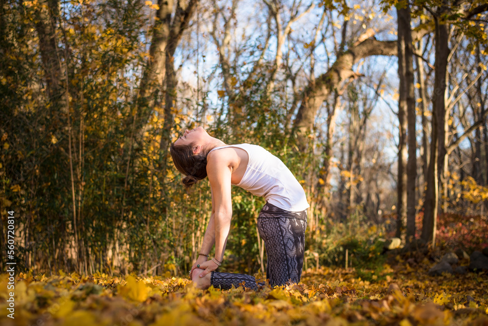 Young woman in yoga pose amidst fallen autumn leaves, North Kingstown, Rhode Island, USA Young woman in yoga pose amidst fallen autumn leaves, North Kingstown, Rhode Island, USA