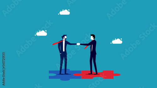 Mergers and Acquisitions. Businessmen shaking hands on jigsaw puzzle vector