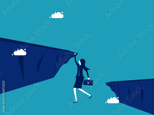 The challenge. Abrave businesswoman who climbs through the gap vector