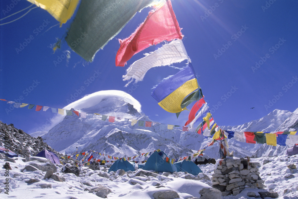 Prayer flags on a mountain, Cho Oyu, Tibet.