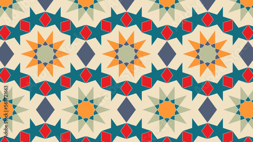 Arabic seamless pattern in multicolored palette. Oriental decor. Arabic Muslim ethnic style. Ramadan wallpaper design. Vector