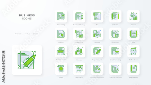 Business icon collection with green duotone style. Corporate, currency, database, development, discover, document, e commerce. Vector illustration