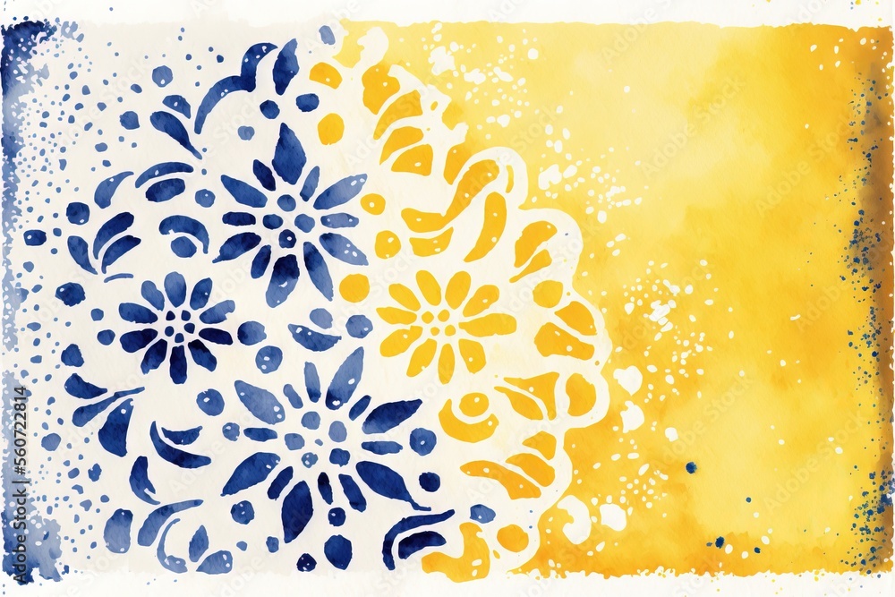 a painting of a yellow and blue flower on a white background with a ...