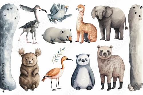  a group of animals that are standing in the grass together, and a bird, bear, and giraffe are standing in the grass together, and a tall pole is also a bird, and a bird, and a bird,.