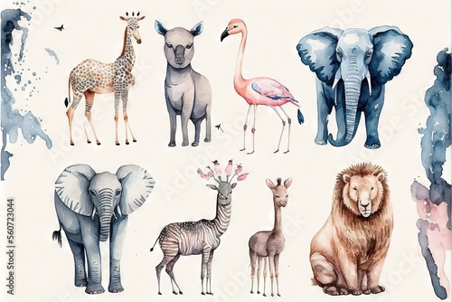 Fototapeta Naklejka Na Ścianę i Meble -   a watercolor painting of different animals and birds on a white background with blue spots on the bottom of the image and a pink flaming, zebra, a giraffe, a zebra, a zebra, a giraffe, a.