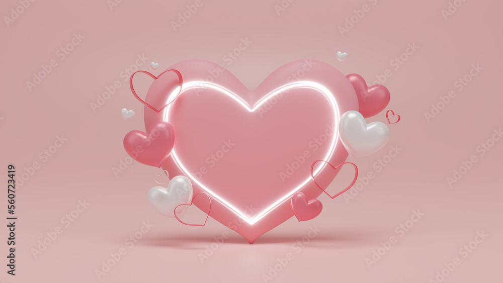 Blank frame and hearts pattern on pink background with 3d heart shaped ornaments and podium for product display, Happy Women's, Mother's, Valentine's Day, birthday, copy space, 3d render illustration