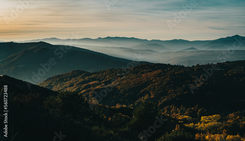 Foggy mountain scenery with blue tones