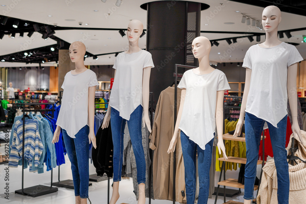 Female mannequins in women fashion store, Sale of clothes