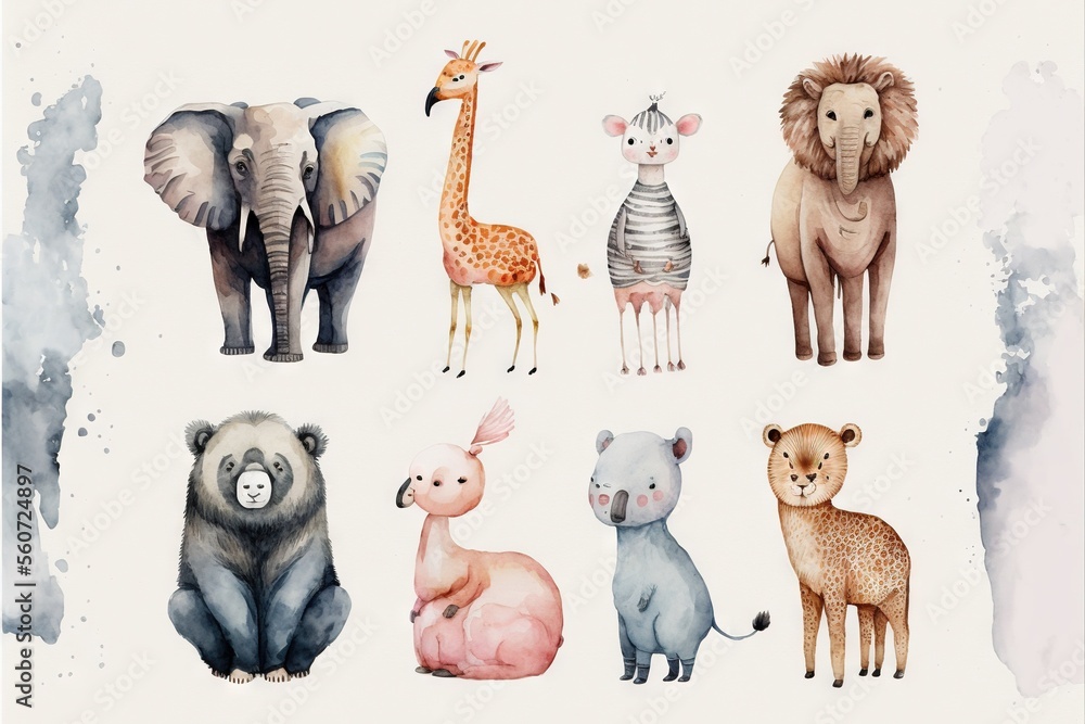 a watercolor painting of different animals on a white background with a blue spot in the middle of the picture and a white spot in the middle of the picture with a black spot in the middle. a watercolor painting of different animals on a white background with a blue spot in the middle of the picture and a white spot in the middle of the picture with a black spot in the middle.