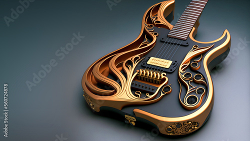 metallic shimmering guitar isolated on clean background, space for text, made with generative ai