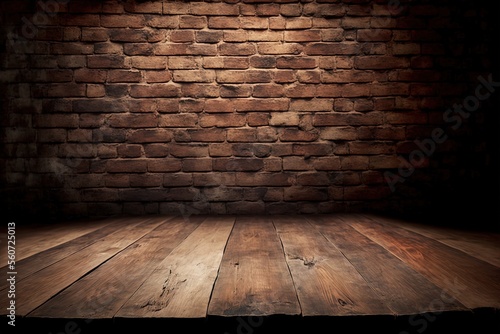 Foto Background for still lifes and other compositions, an empty rustic brown wooden table against a brick wall