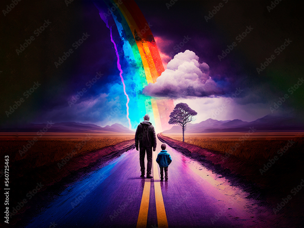 AI generated grandfather and boy walking on the road with a rainbow in the background.