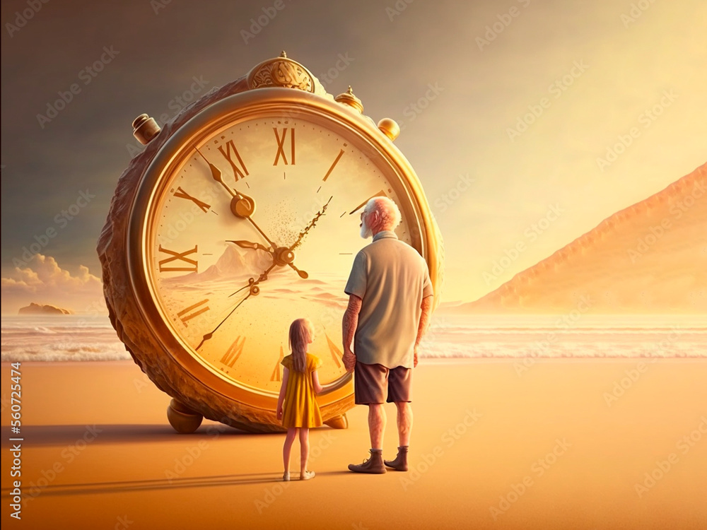AI generated grandfather and girl looking at a giant clock on the beach.
