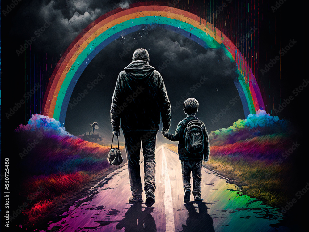 pro AI generated, grandfather and boy walking down the road with a rainbow crossing the sky.