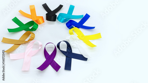 World cancer day, colorful ribbons on white background,select focus