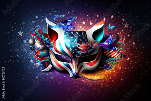 bright multicolored carnival mask in the colors of the flag of the united states of america, festival and entertainment concept, space for text