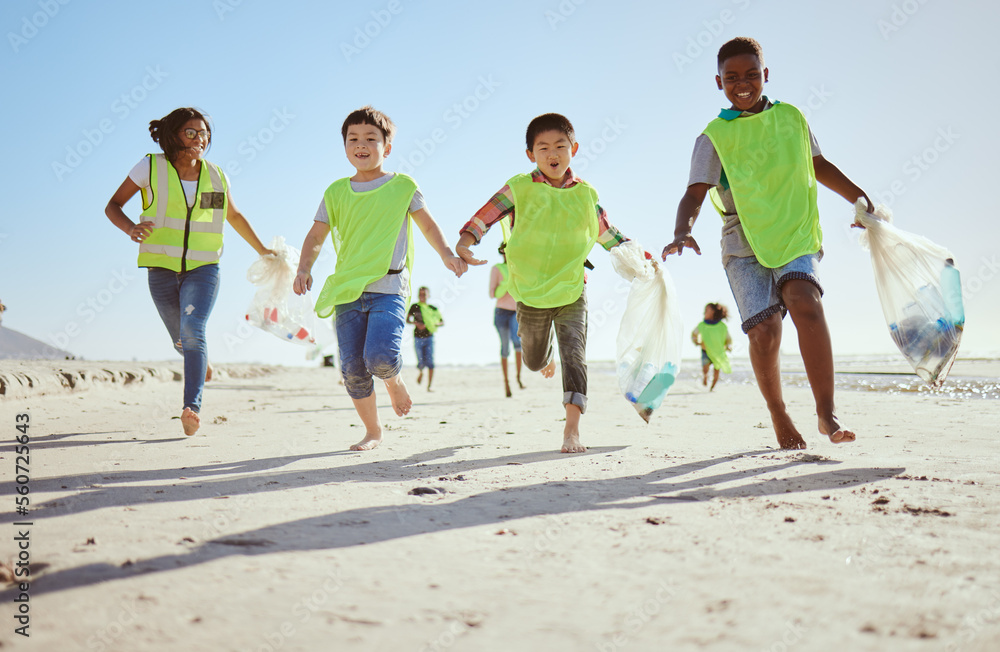 Fun children, plastic bag or beach cleaning, trash collection run or ...