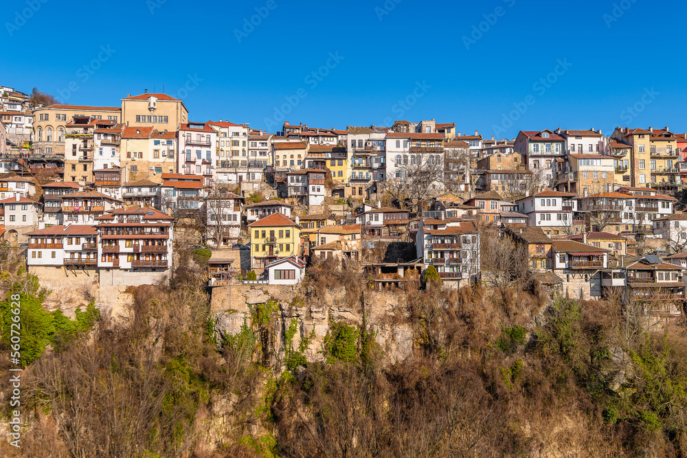 Scenic view of the city of Veliko Tarnovo in Bulgaria under warm winter sunlight 