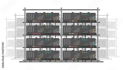 Row of simple network servers in data center in front view with many small colored buttons in flat style, server room infrastructure isolated