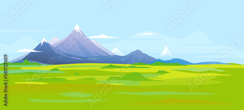Picturesque valley at the foot of the high mountains with sharp peaks and green piedmont, nature landscape, tourist routes, travel illustration