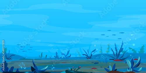 Underwater landscape river bottom with many interesting plants, fishing place banner, nature game background, tileable horizontally, eps10 with transpatents