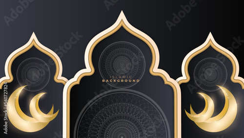 Elegant 3d realistic black and gold ramadan kareem background banner with islamic decoration, mandala pattern, mosque, lantern, and golden border. Vector illustration