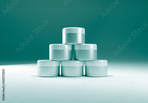 Six jars of women s cream stand in the shape of a pyramid. 3d render of jars for beauty cream