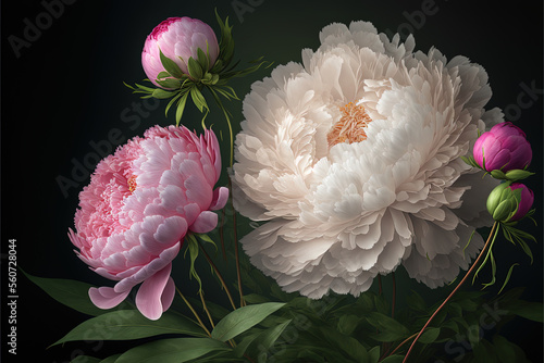 Bouquet of Pink Peonies and White Peonies, Flowers on a dark background, Generative AI