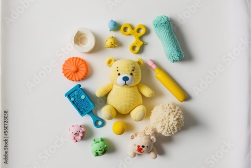  a white surface with a teddy bear, scissors, and other items on it, including a crochet hook, a crochet hook, a crochet hook, and a.