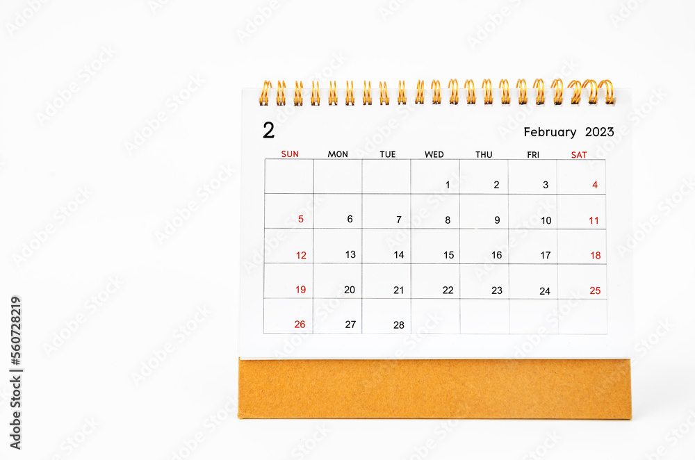 The February 2023 Monthly desk calendar for 2023 year isolated on white background. The February 2023 Monthly desk calendar for 2023 year isolated on white background.