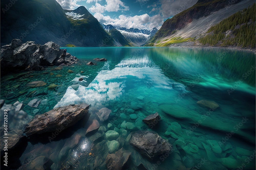 Fototapeta premium a lake with rocks and water and a mountain in the background with clouds in the sky and a few rocks on the water surface, and a few rocks on the ground, and a.