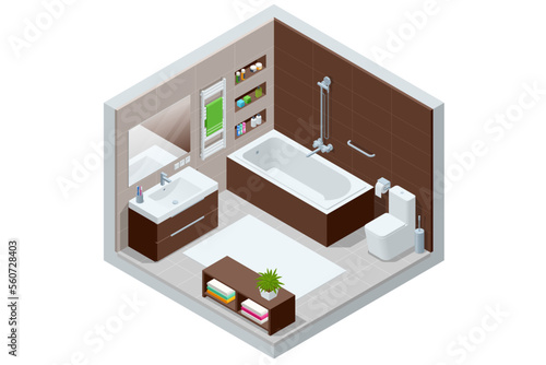 Isometric Modern bathroom interior with white toilet, mirror, sink and bathtub.