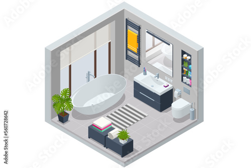Isometric Modern bathroom interior with white toilet, mirror, sink and bathtub.