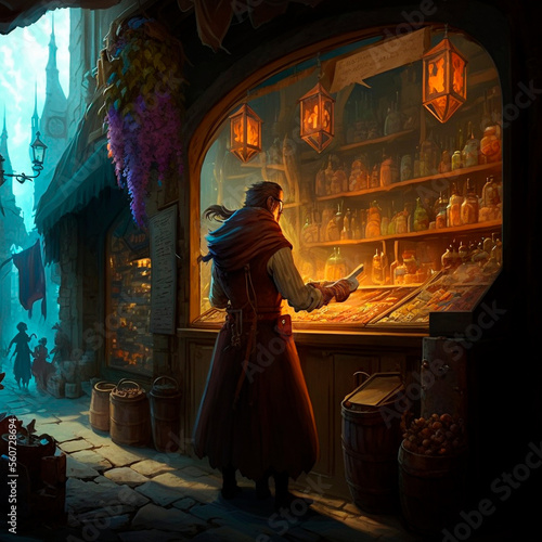 A mysterious man in a medieval market in the style of fantasy. High quality illustration © NeuroSky