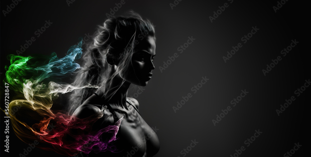 Abstract woman  silhouette portrait with rays of color on dark background, Generative AI illustration