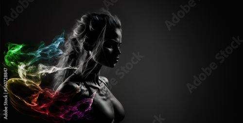 Abstract woman silhouette portrait with rays of color on dark background, Generative AI illustration