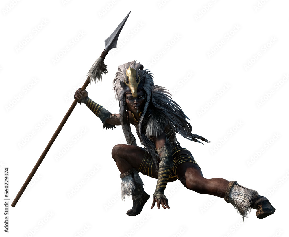 A beautiful mysterious Amazon in clothes and a headdress made of skin and feathers with a golden skull on her head. Woman warrior, hunter with a spear in hand in full height, 3d fantasy character. A beautiful mysterious Amazon in clothes and a headdress made of skin and feathers with a golden skull on her head. Woman warrior, hunter with a spear in hand in full height, 3d fantasy character.