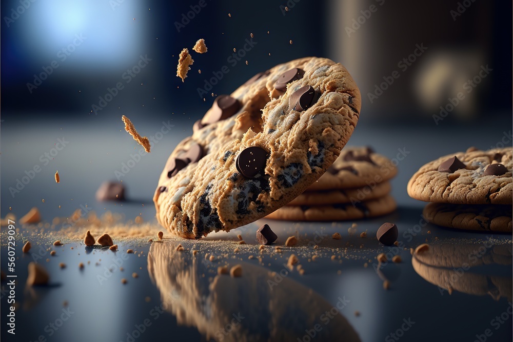 a cookie is falling into the air with chocolate chips scattered around it and a few pieces of the cookie are falling off the table top of the cookie are scattered on the floor and the. a cookie is falling into the air with chocolate chips scattered around it and a few pieces of the cookie are falling off the table top of the cookie are scattered on the floor and the.