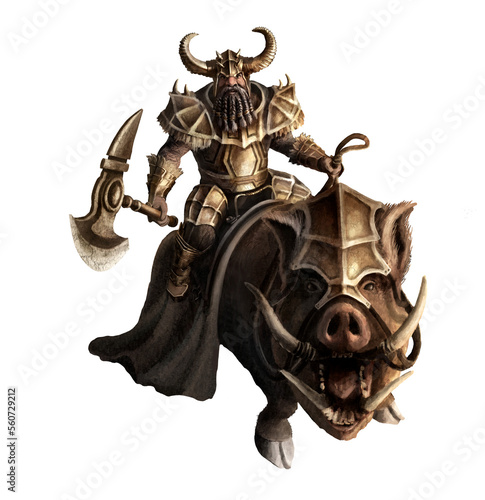 Foto Fantasy character, a kind dwarf with a gray beard in golden armor riding a boar