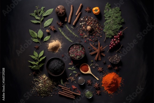  a collection of spices and herbs arranged in a circle on a black surface with a spoon and spoon rest on the side of the bowl and the spices are scattered around the spices and the.