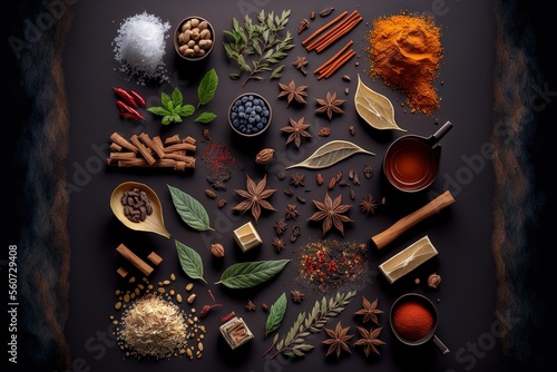  a variety of spices and herbs arranged in a circle on a black background with a black background behind it and a black background with a white border around the edges and a black border with.