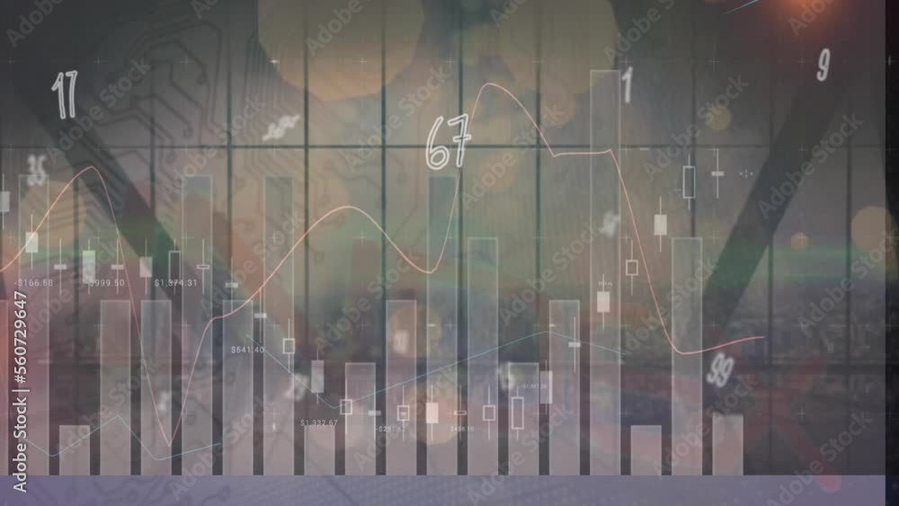Animation of statistics and data processing over cityscape Animation of statistics and data processing over cityscape