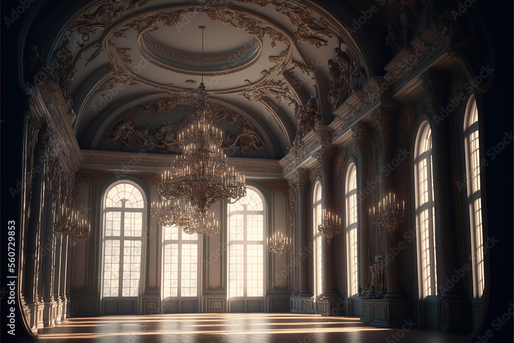 an empty glamorous rococo baroque ballroom generated by AI - obrazy, fototapety, plakaty 