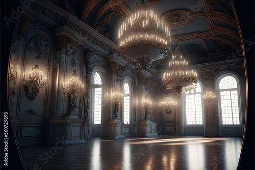 Valokuva an empty glamorous rococo baroque ballroom generated by AI