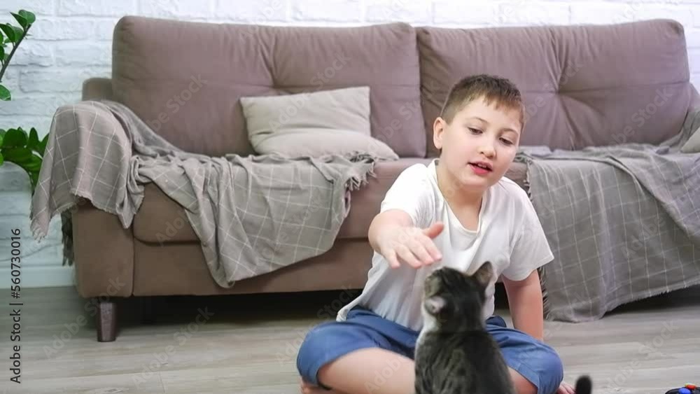 a cute child is playing with their pet, cat at home on the floor. a cute child is playing with their pet, cat at home on the floor.