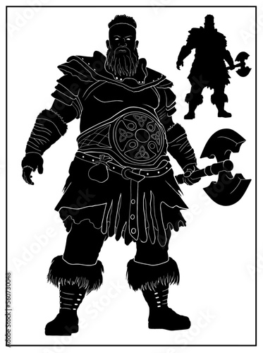 A large, strong Viking with a beard and hair in leather armor with a large ax in his hand. Brutal northern warrior with a big belt on his belly in full height without background, silhouette character.