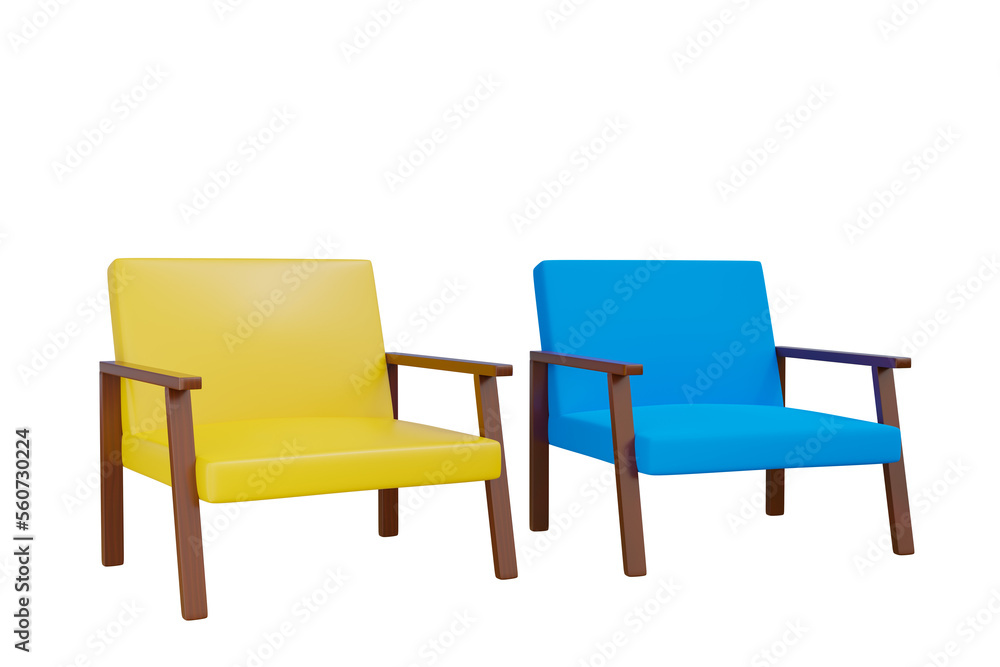 blue and yellow sofa simple furniture or chairs Modern style sofa in the living room. 3D illustration - clipping path
