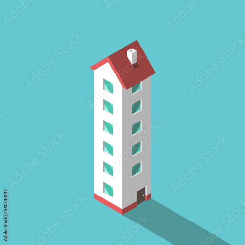 Isometric high-rise house, six-storey. Large expensive cottage project, extravagant home and real estate price growth concept. Flat design. EPS 8 vector illustration, no transparency, no gradients